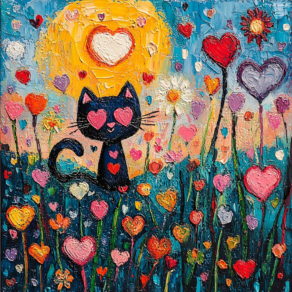 Abstract painting of a cat in a flower field