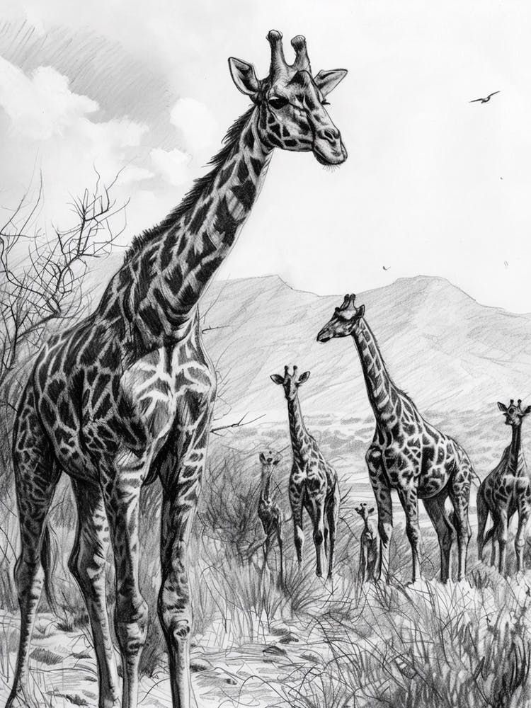 Herd Of Giraffe Pencil Portrait 2