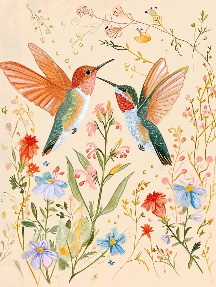 Folksy Floral Animal Drawing Hummingbird 3
