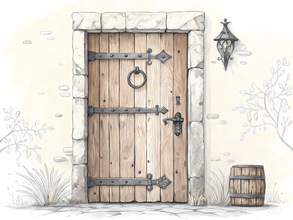 Minimalist Ink Sketch Of Rustic Wooden Door With