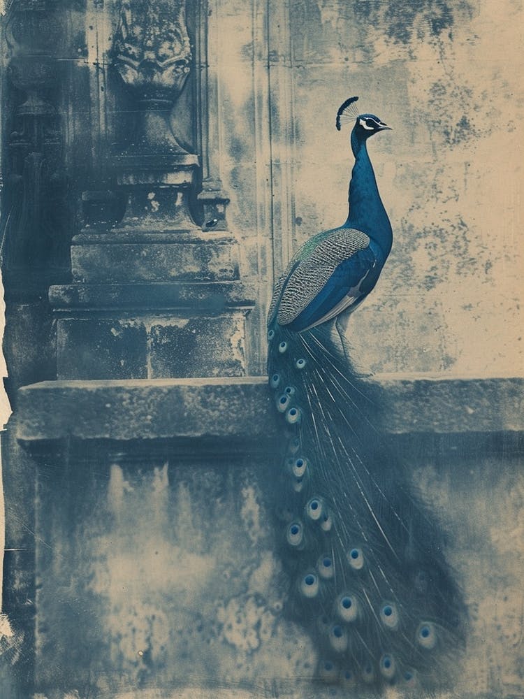 Peacock In A Church Abbey Cyanotype Inspired 1