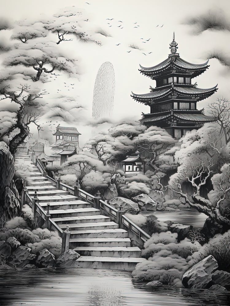 Hachijo Jima In Tokyo, Ukiyo E Black And White Line Art Drawing 2
