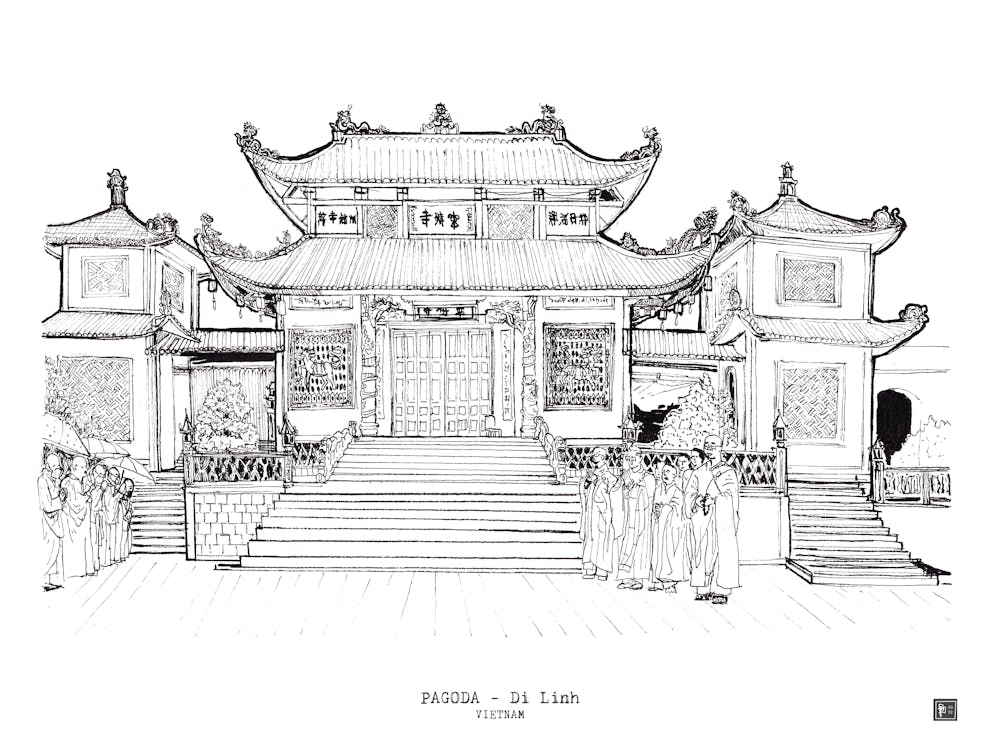 Pagoda Dilinh Vietnam Cultural Architecture Pen Ink Drawing