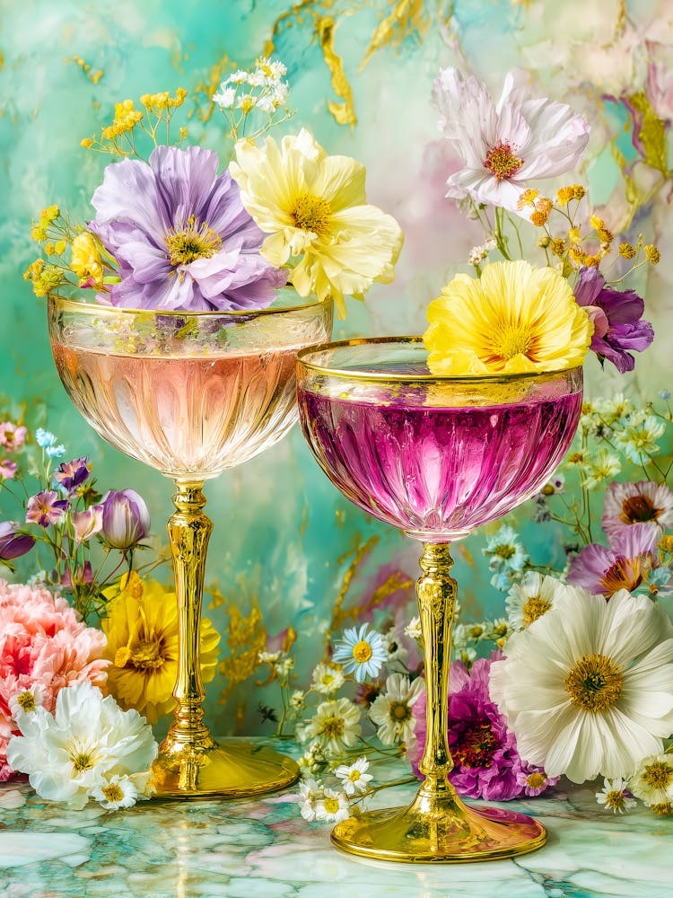 Two Cocktail Glasses With Flowers