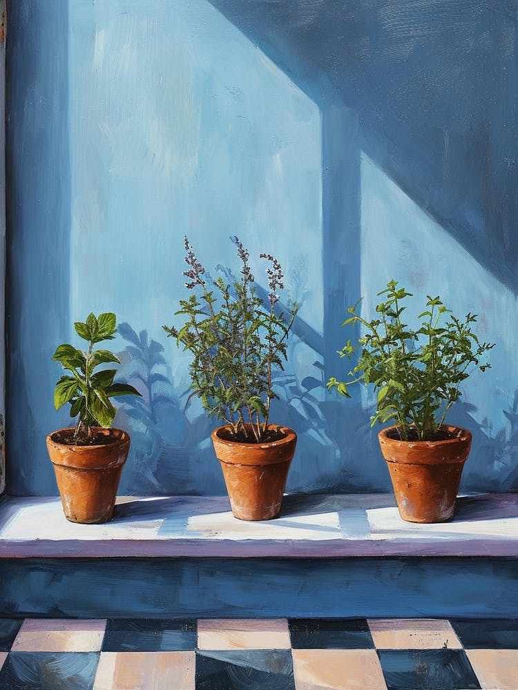 Potted Herbs On A Blue Checkered Windowsil 2