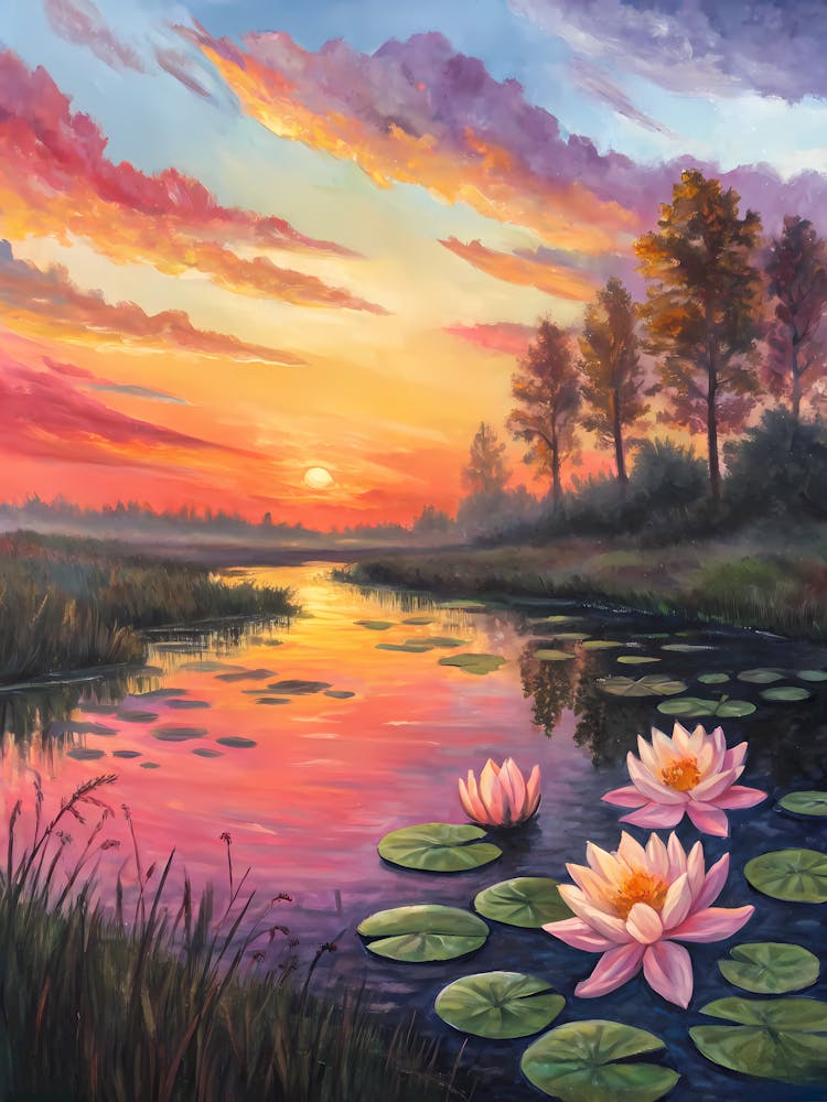 Van Gogh Étang de Lotus Paysage au Coucher de Soleil Vibrant