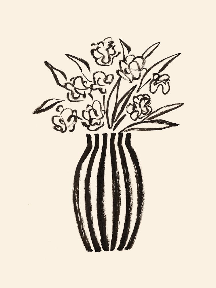 Stripes Flower Vase Floral Still Life Illustration - Black and White