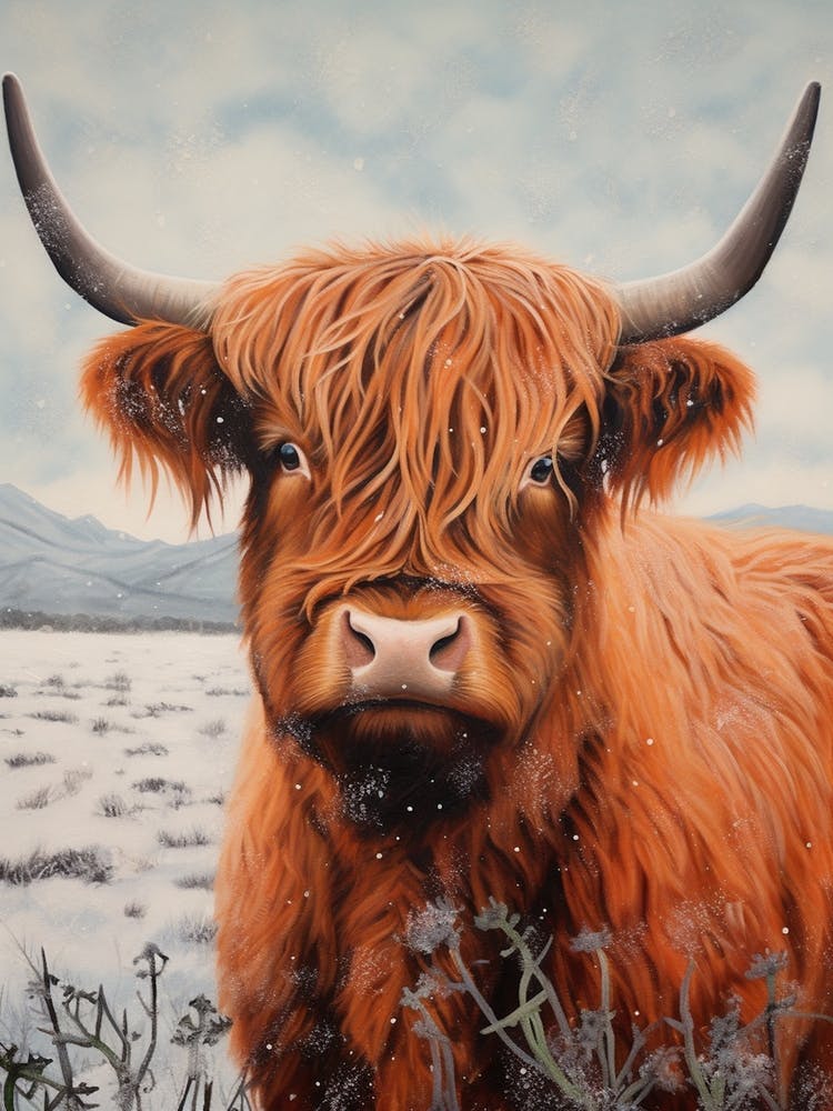 Snowy Highland Cow Textured Illustration 4