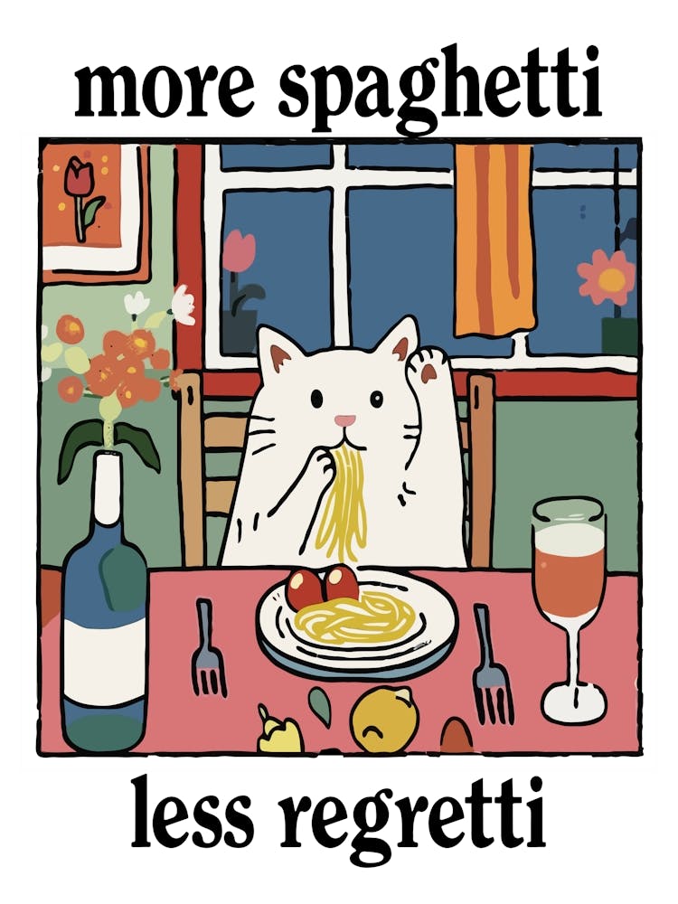 More Spaghetti Less Regretti White Cat Print Retro Diner Poster Cartoon Dining Pasta Posters Italian Kitchen