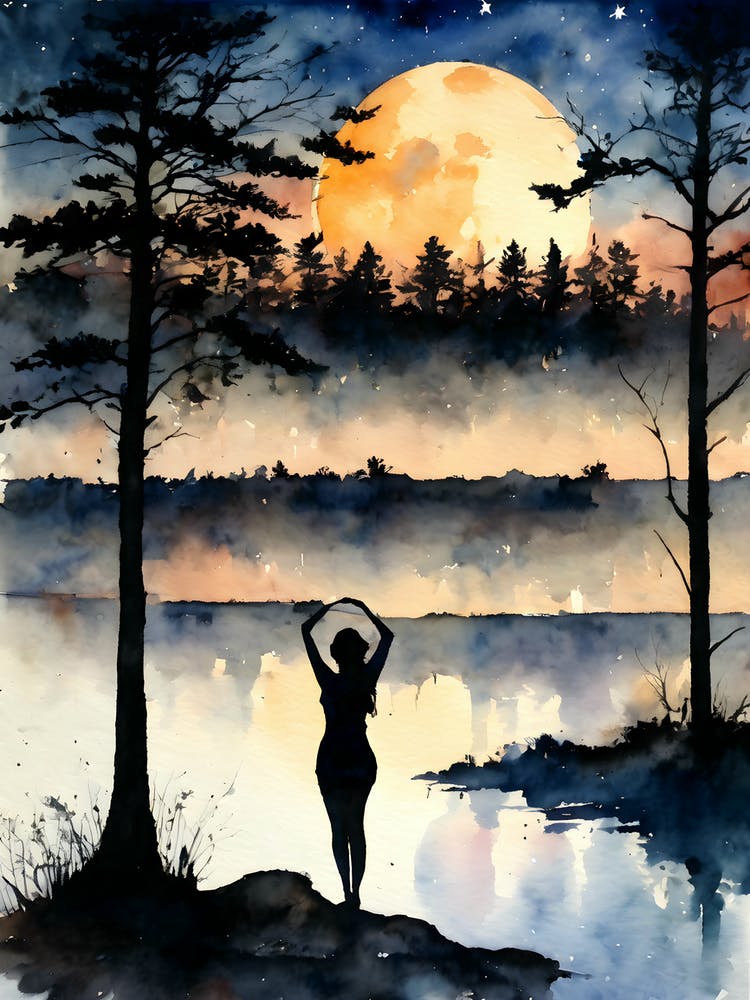 At The Lake ~ Full Moon Contemplating Serenity Calm Yoga Meditating Spiritual Grounding Heart Open Buddhist Indian Travel Guidance Wisdom Peace Love Witchy Beautiful Watercolor Woman Trees Blue Silhouette