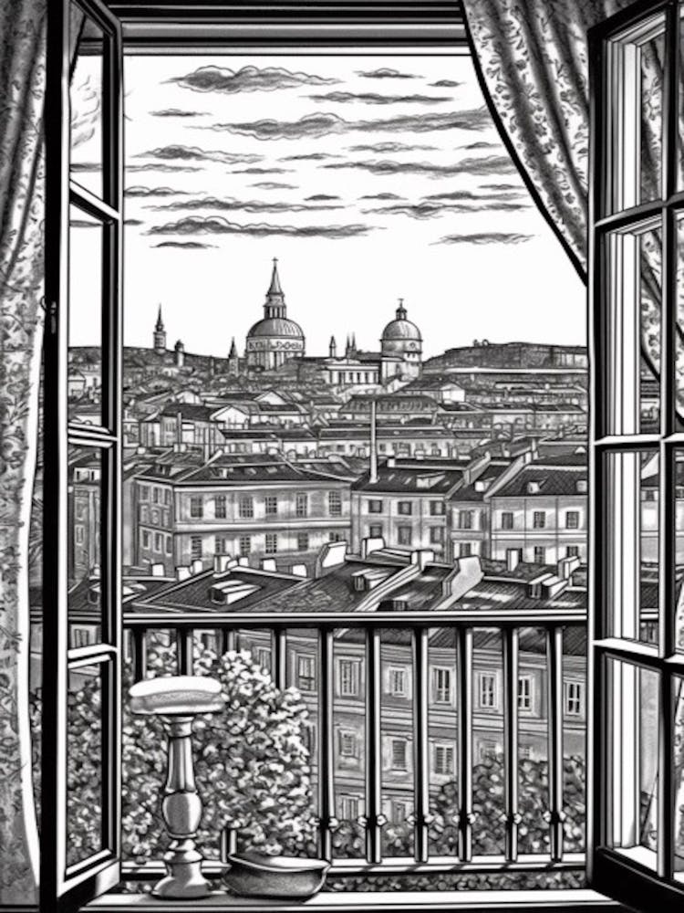 Window View Of Stockholm Sweden   Black And White Colouring Pages Line Art 1