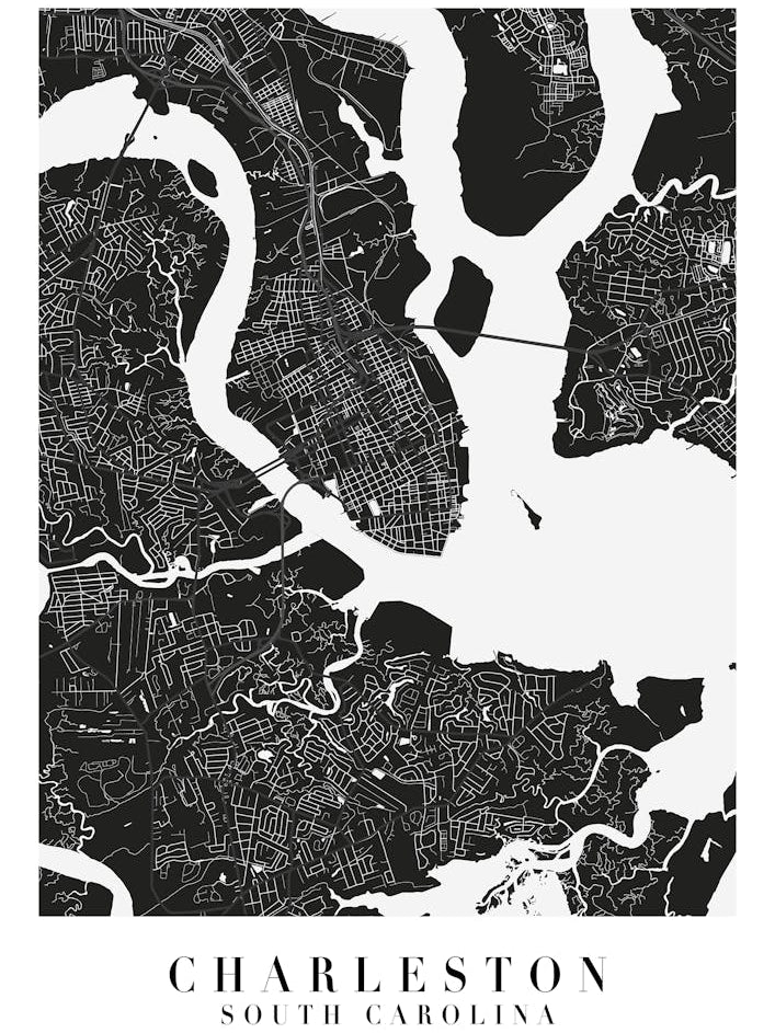 Charleston South Carolina Minimal Black Mono Street Map 