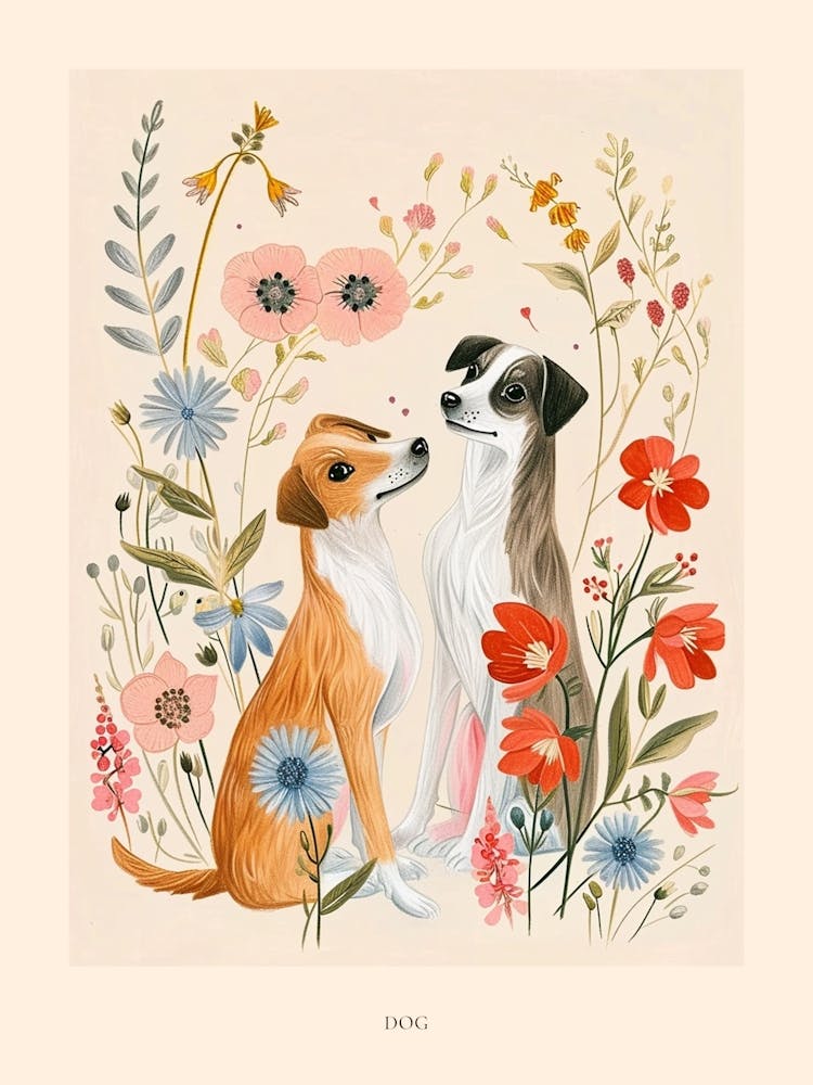 Folksy Floral Animal Drawing Dog 1 Poster