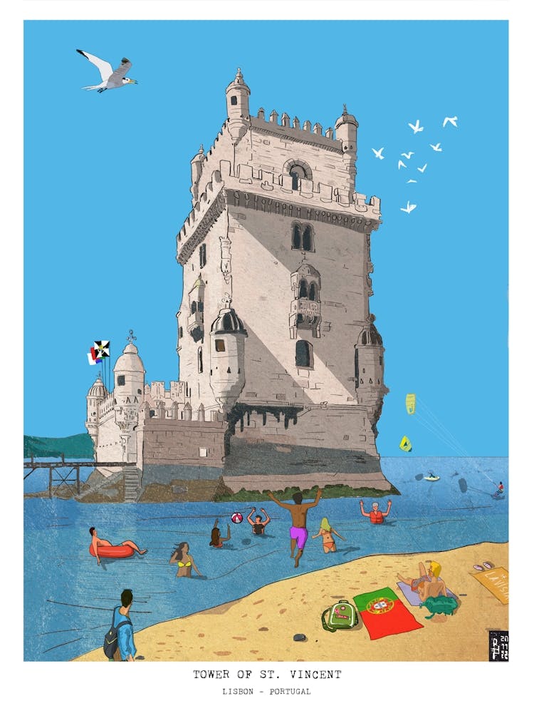 Lisbon Belem Tower - Whimsical Portuguese Wall Art - Portugal Travel Illustration