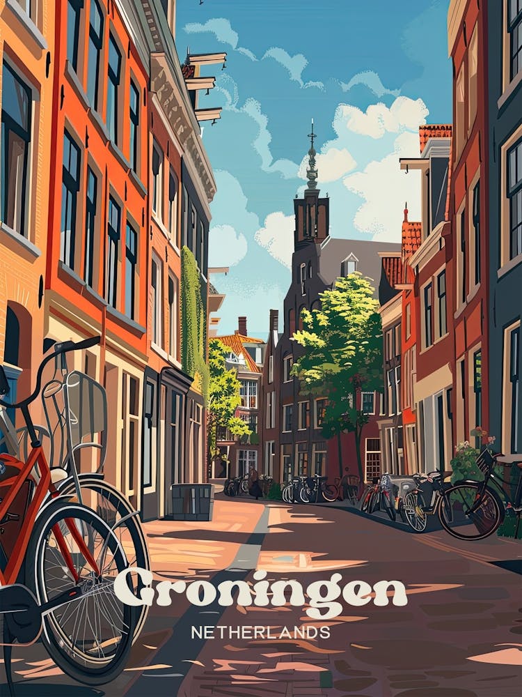 Groningen Netherlands Bicycle Travel Illustration