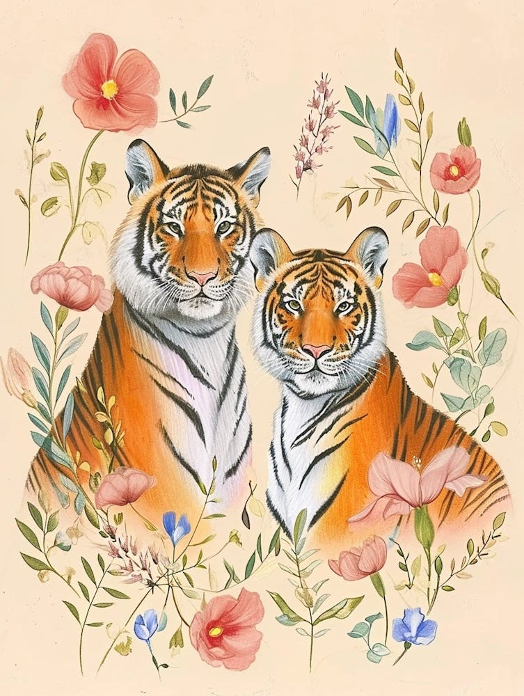Folksy Floral Animal Drawing Tiger 6