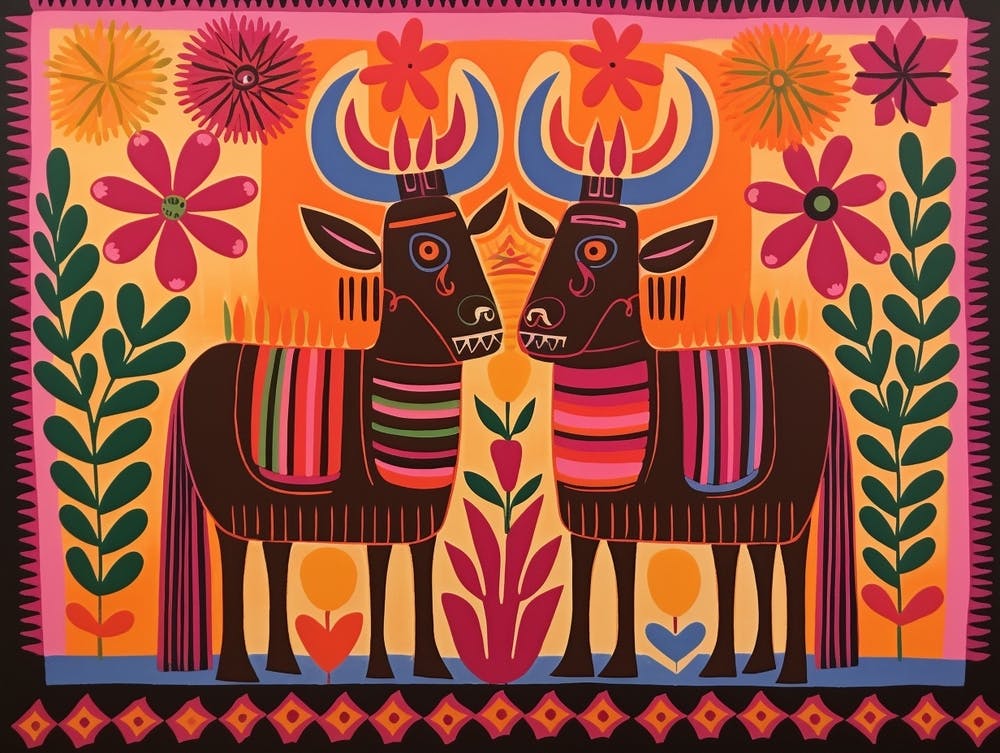 Wildebeest 3 Folk Style Animal Illustration