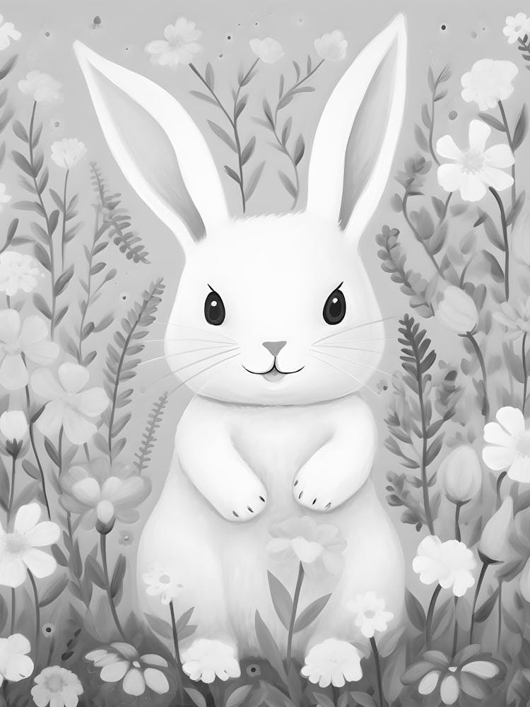 White Bunny In Flowers 1