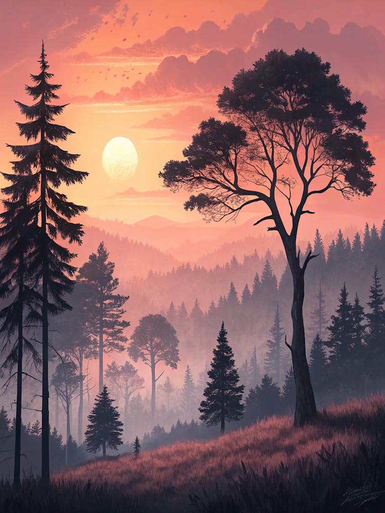 Oil Painting Style Monochrome Forest Silhouettes