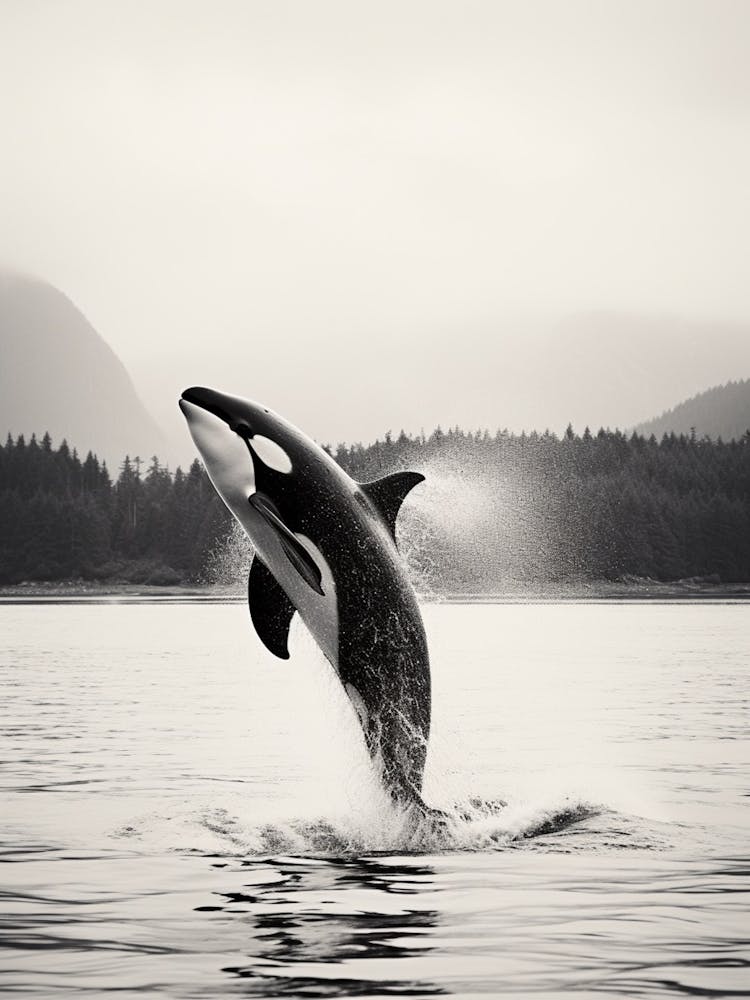 Realistic Black & White Photography Of Orca Whale Diving Out Of Ocean 2