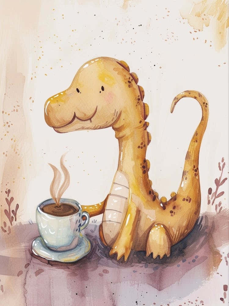 Mustard Dinosaur Drinking Coffee 2