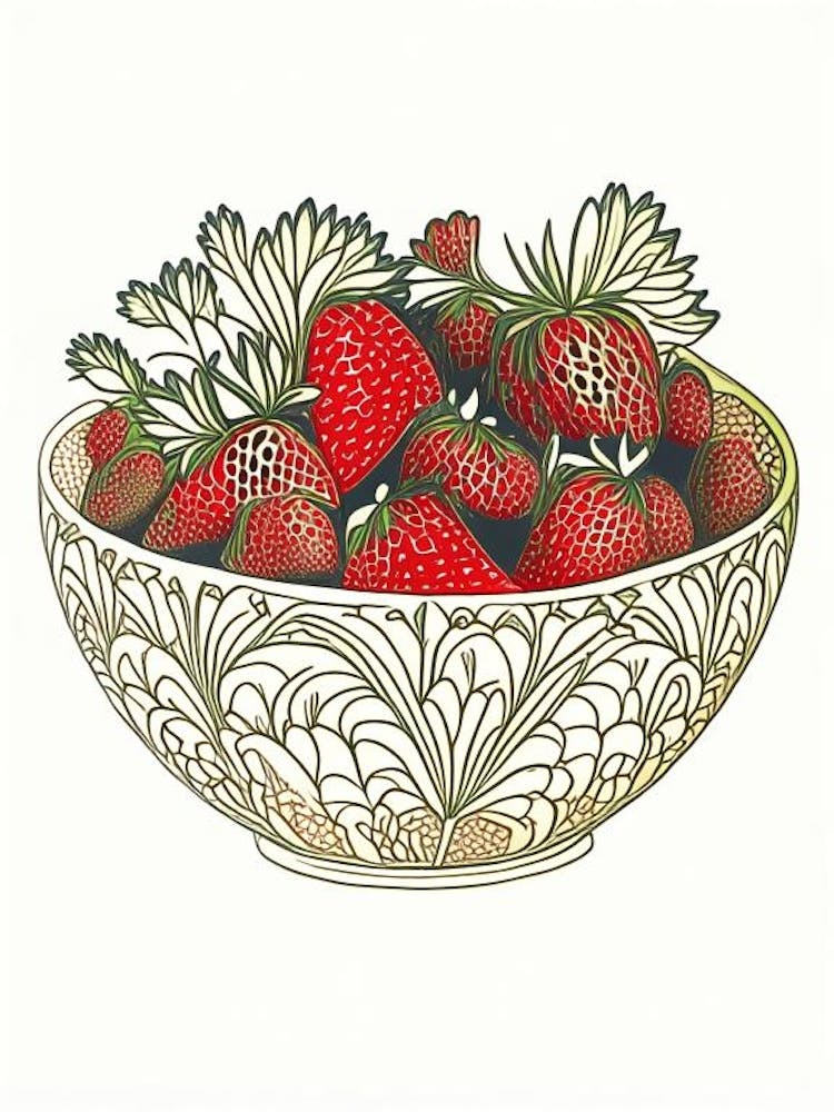 Bowl Of Strawberries, Fruit, William Morris Inspired
