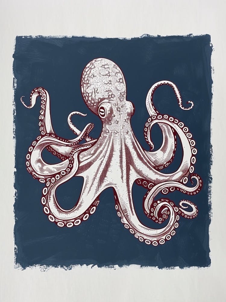 Retro Linocut Octopus With Blue Background 3