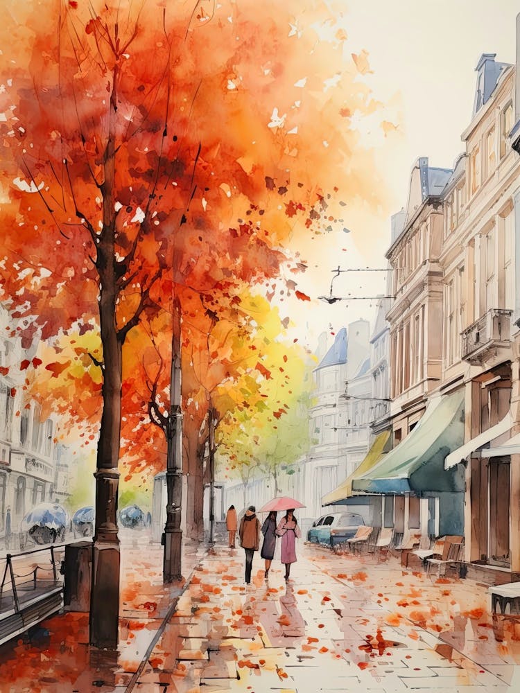 Brussels Belgium In Autumn Fall, Watercolour 2