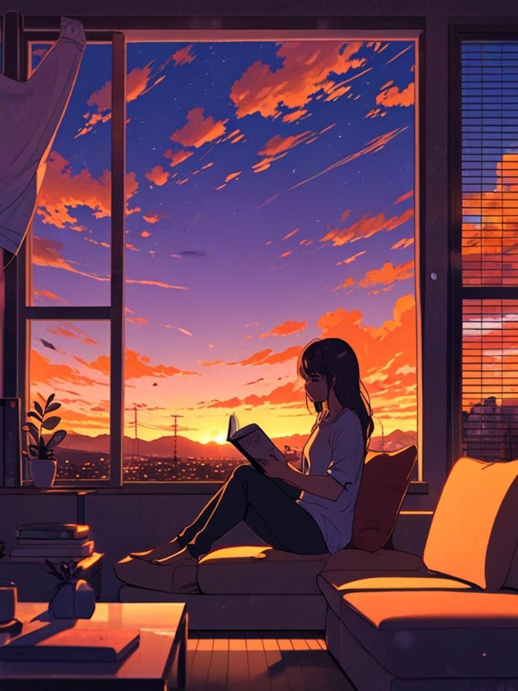 Anime Girl Reading At Sunset 4