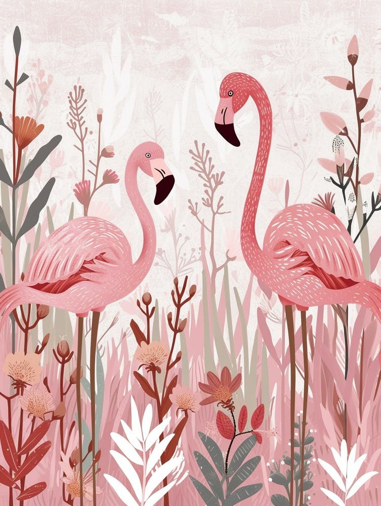 Lesser Flamingo And Heliconia Minimalist Illustration 4