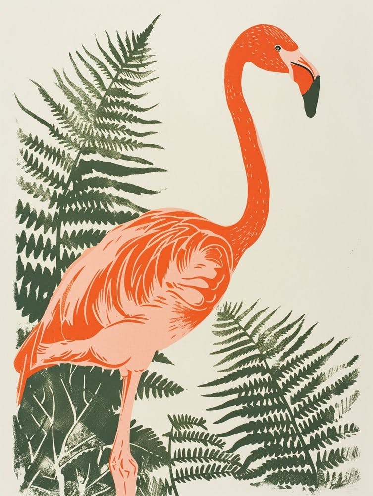 American Flamingo And Ferns Minimalist Illustration 4