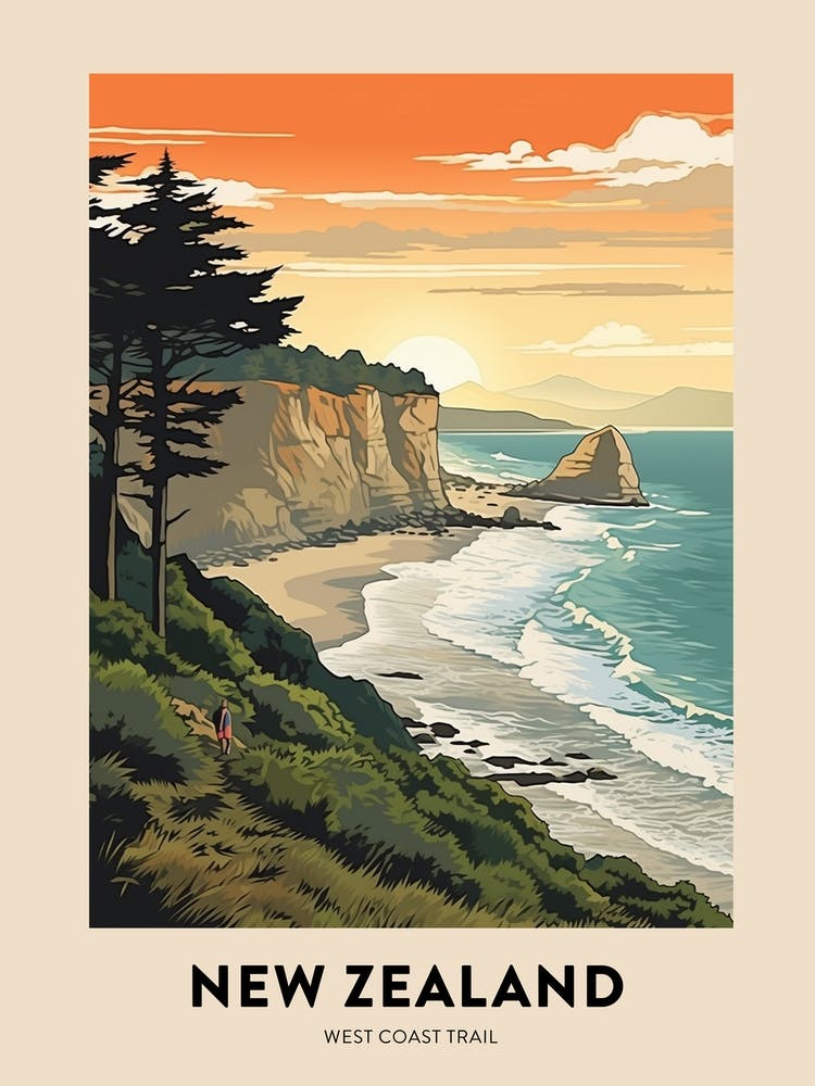West Coast Trail New Zealand 4 Vintage Hiking Travel Poster