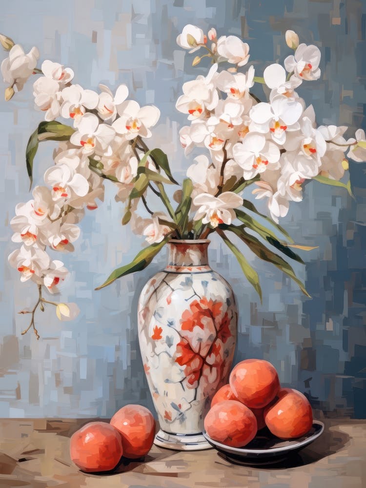 Orchid Flower And Peaches Still Life Painting 2 Dreamy