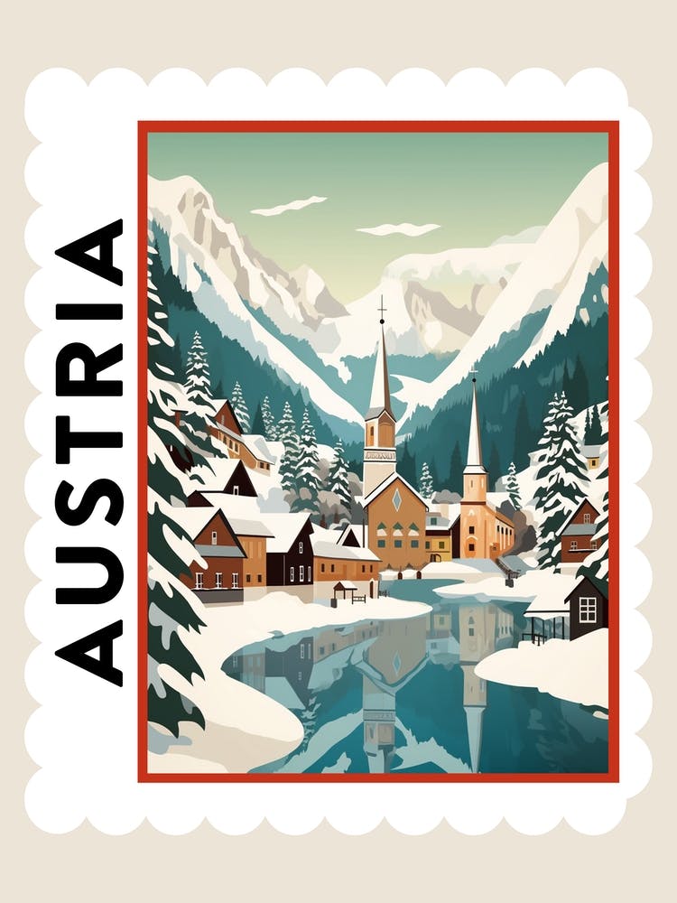Retro Winter Stamp Poster Hallstatt Austria 3