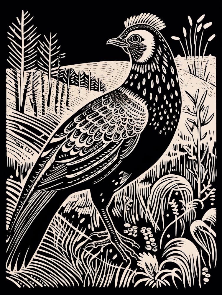 Linogravure Oiseau N&B Faisan 8