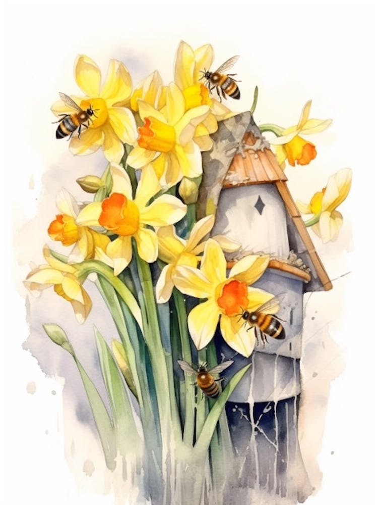 Beehive With Daffodils Watercolour Illustration 3