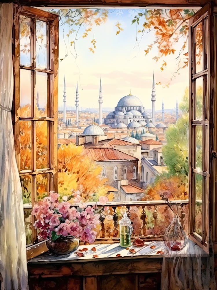 Window View Of Istanbul Turkey In Autumn Fall, Watercolour 4