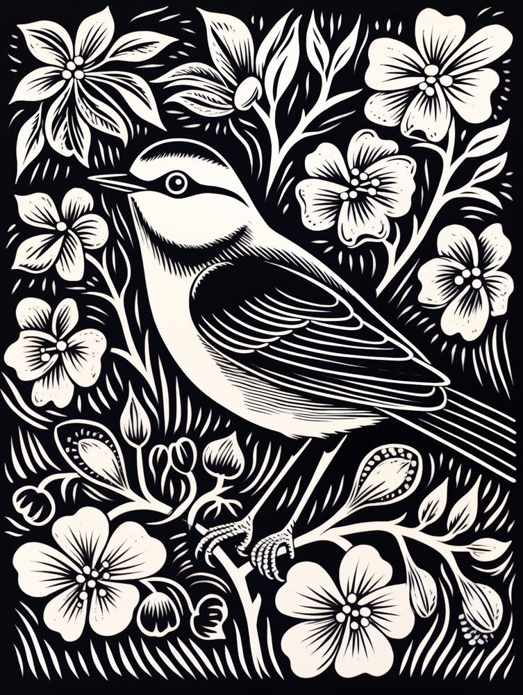 S/W Vogel-Linolschnitt Carolina-Meise 3