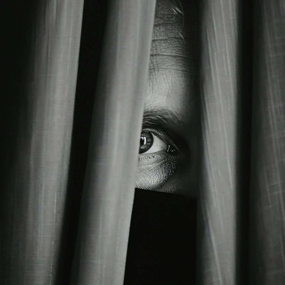 Man Peeking Through Curtains
