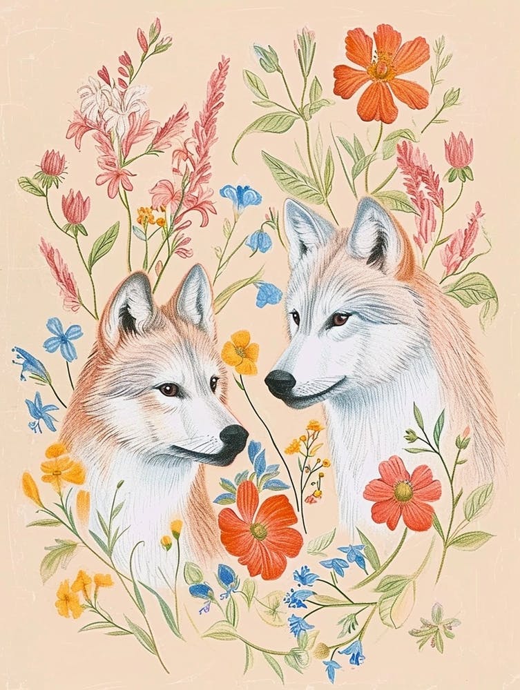 Folksy Floral Animal Drawing Wolf