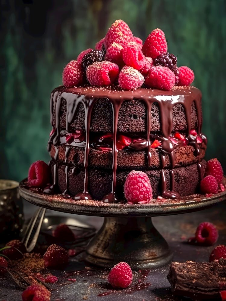 Chocolate Cake With Raspberries And Chocolate Drizzle sweet food