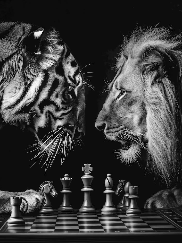 Tiger And Lion Playing Chess