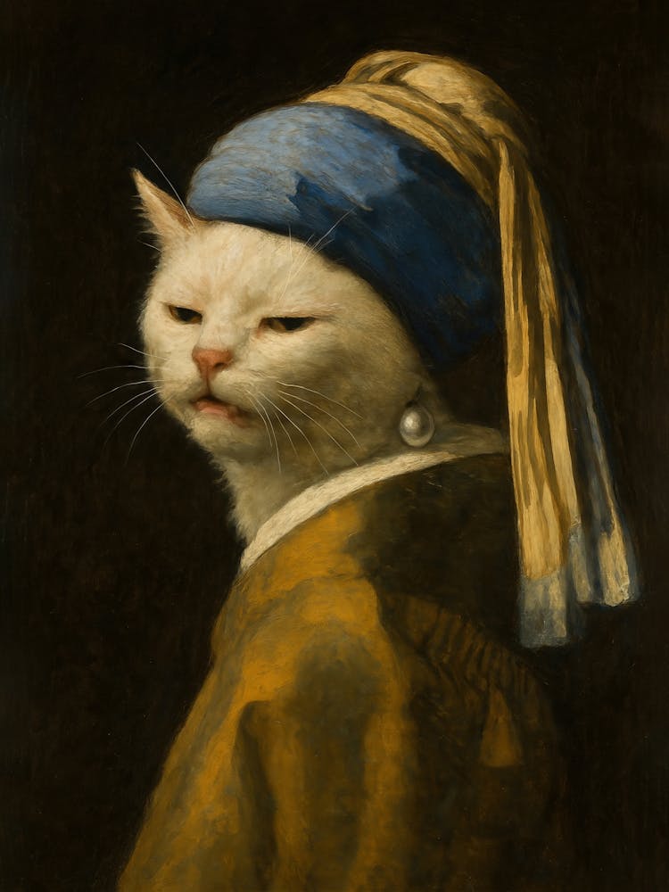 Smudge Cat with Pearl Earring - Vermeer Meme Art: Vermeer’s girl meets meme royalty – this white grumpy cat replaces the pearl earring in a hilarious feline twist. Featuring Smudge vibes and yelling woman energy, this vintage painting parody blends art, humor, and iconic cat attitude.