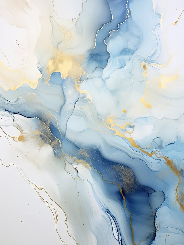Light Blue, White, Gold Flow Asbtract Painting 1