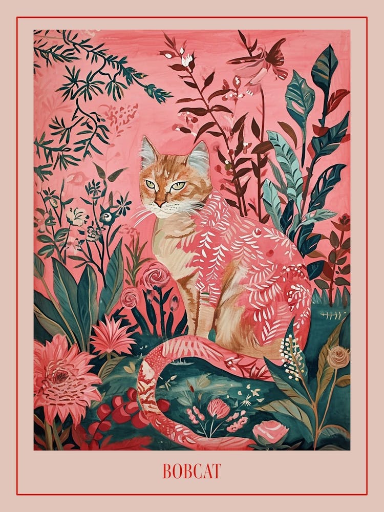 Floral Animal Painting Bobcat Poster