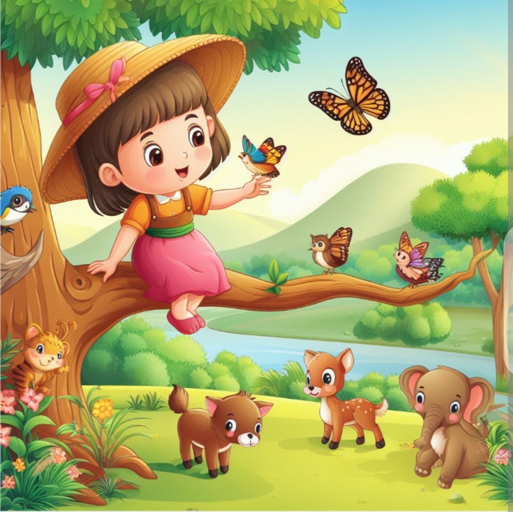 Lovely little girl playing with animals