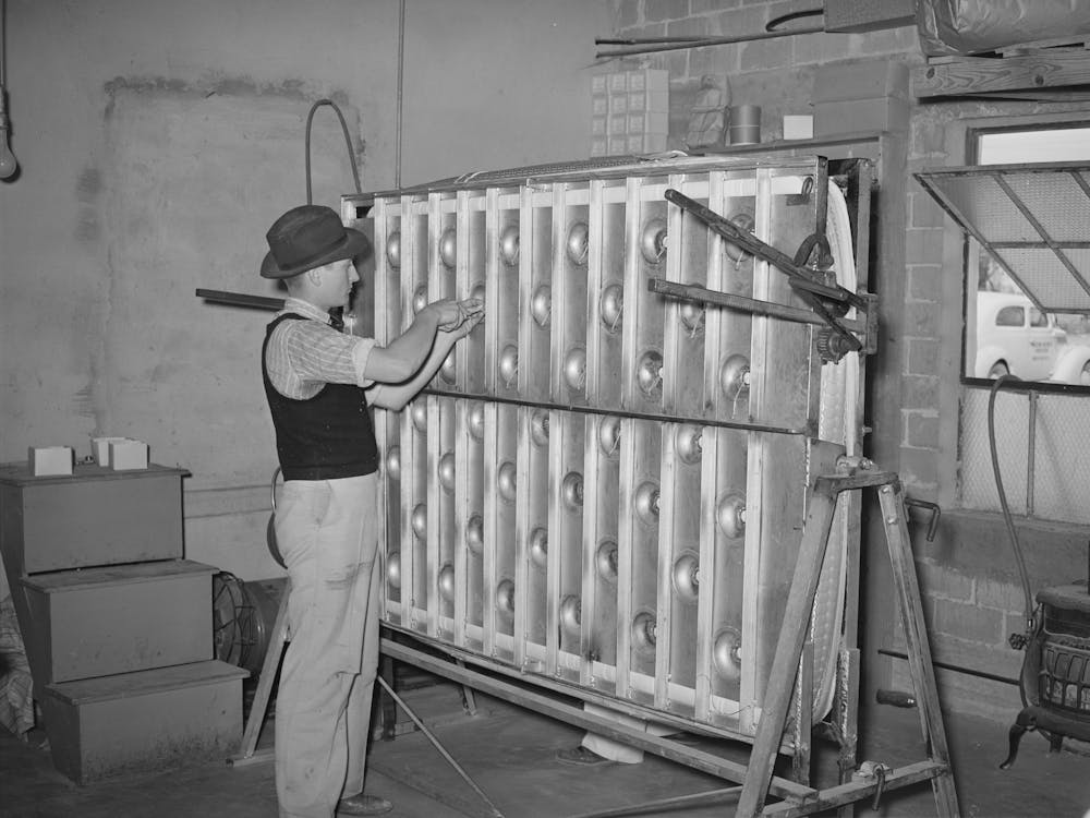 Crimping An Innerspring Mattress So The Tufts Will Be More Easily Put In, Mattress Factory, San Angelo, Texas By Russell
