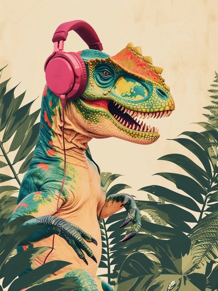 Retro Collage Dinosaur Listening To Music With Headphones 3