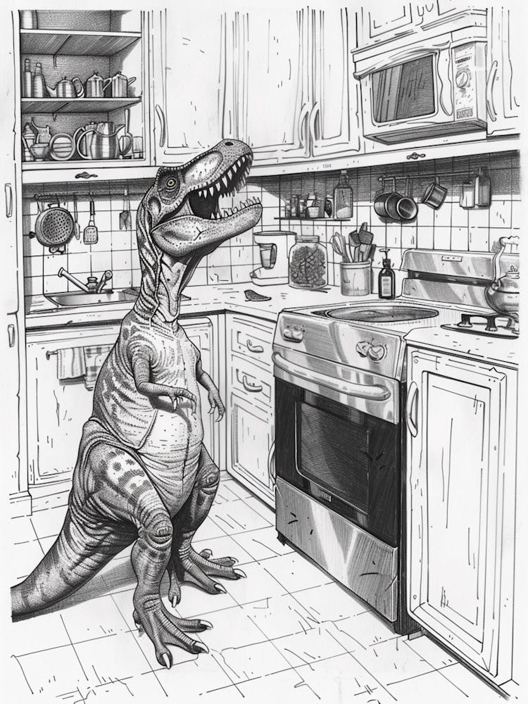 Dinosaur In The Kitchen Black & White Sketch