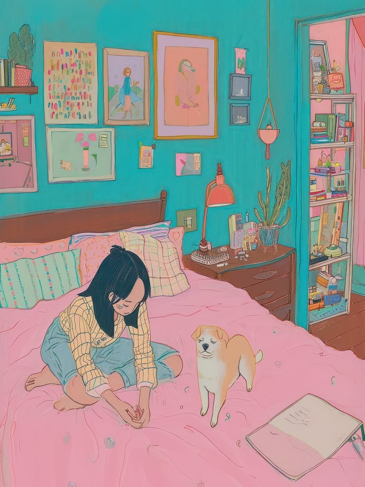 Girl Sleeping With Dogs Tv Lo Fi Kawaii Illustration 1
